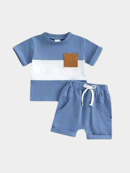 Blue Color-Block T-shirt And Shorts Set